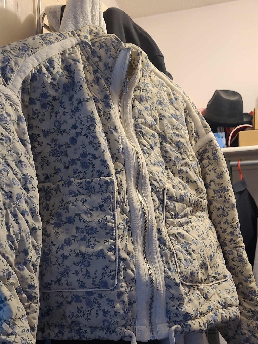 Blank NYC Blue Floral Quilted Puffer Jacket on Cream